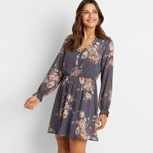 Maurices Gray Tan Floral Chiffon Long Sleeve Pullover Mini Dress Large NWT